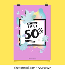 Vector autumn sale poster template with lettering. Bright fall leaves. brochure, card, label, banner design. Bright commercial background design. 
