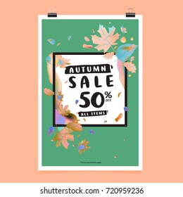 Vector autumn sale poster template with lettering. Bright fall leaves. brochure, card, label, banner design. Bright commercial background design. 