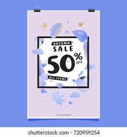 Vector autumn sale poster template with lettering. Bright fall leaves. brochure, card, label, banner design. Bright commercial background design. 
