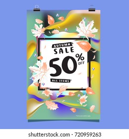 Vector autumn sale poster template with lettering. Bright fall leaves. brochure, card, label, banner design. Bright commercial background design. 