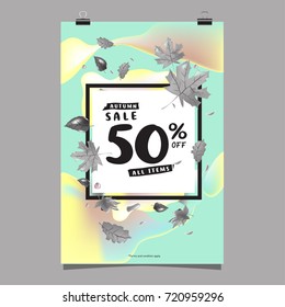Vector autumn sale poster template with lettering. Bright fall leaves. brochure, card, label, banner design. Bright commercial background design. 