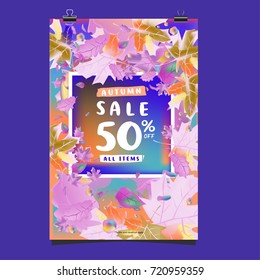 Vector autumn sale poster template with lettering. Bright fall leaves. brochure, card, label, banner design. Bright commercial background design. 