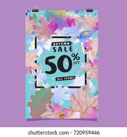 Vector autumn sale poster template with lettering. Bright fall leaves. brochure, card, label, banner design. Bright commercial background design. 