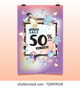 Vector autumn sale poster template with lettering. Bright fall leaves. brochure, card, label, banner design. Bright commercial background design. 