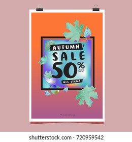 Vector autumn sale poster template with lettering. Bright fall leaves. brochure, card, label, banner design. Bright commercial background design. 