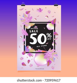Vector autumn sale poster template with lettering. Bright fall leaves. brochure, card, label, banner design. Bright commercial background design. 