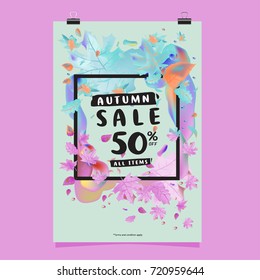 Vector autumn sale poster template with lettering. Bright fall leaves. brochure, card, label, banner design. Bright commercial background design. 