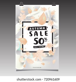 Vector autumn sale poster template with lettering. Bright fall leaves. brochure, card, label, banner design. Bright commercial background design. 
