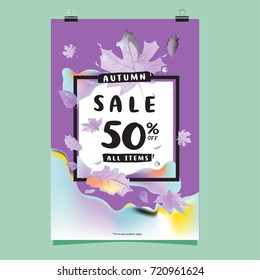 Vector autumn sale poster template with lettering. Bright fall leaves. brochure, card, label, banner design. Bright commercial background design. 