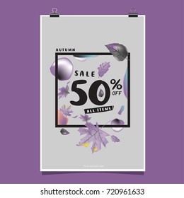 Vector autumn sale poster template with lettering. Bright fall leaves. brochure, card, label, banner design. Bright commercial background design. 
