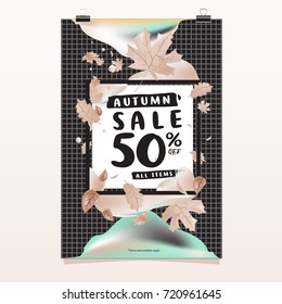 Vector autumn sale poster template with lettering. Bright fall leaves. brochure, card, label, banner design. Bright commercial background design. 