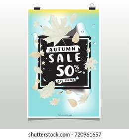 Vector autumn sale poster template with lettering. Bright fall leaves. brochure, card, label, banner design. Bright commercial background design. 