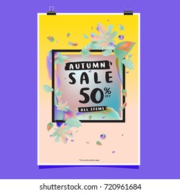 Vector autumn sale poster template with lettering. Bright fall leaves. brochure, card, label, banner design. Bright commercial background design. 