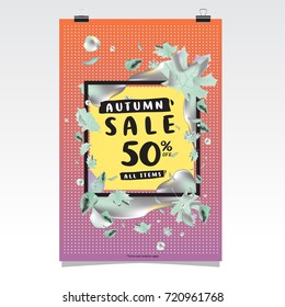 Vector autumn sale poster template with lettering. Bright fall leaves. brochure, card, label, banner design. Bright commercial background design. 