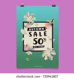 Vector autumn sale poster template with lettering. Bright fall leaves. brochure, card, label, banner design. Bright commercial background design. 