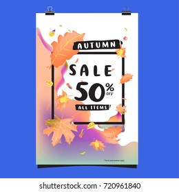 Vector autumn sale poster template with lettering. Bright fall leaves. brochure, card, label, banner design. Bright commercial background design. 