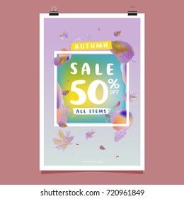Vector autumn sale poster template with lettering. Bright fall leaves. brochure, card, label, banner design. Bright commercial background design. 