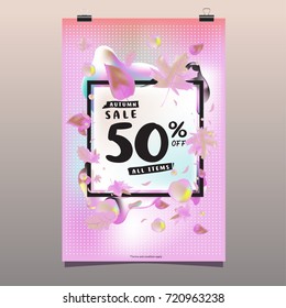 Vector autumn sale poster template with lettering. Bright fall leaves. brochure, card, label, banner design. Bright commercial background design.