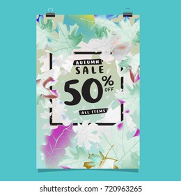 Vector autumn sale poster template with lettering. Bright fall leaves. brochure, card, label, banner design. Bright commercial background design.