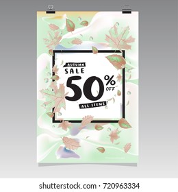 Vector autumn sale poster template with lettering. Bright fall leaves. brochure, card, label, banner design. Bright commercial background design.