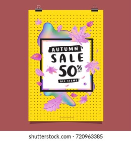Vector autumn sale poster template with lettering. Bright fall leaves. brochure, card, label, banner design. Bright commercial background design.