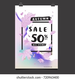 Vector autumn sale poster template with lettering. Bright fall leaves. brochure, card, label, banner design. Bright commercial background design.