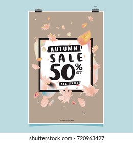 Vector autumn sale poster template with lettering. Bright fall leaves. brochure, card, label, banner design. Bright commercial background design.