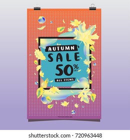 Vector autumn sale poster template with lettering. Bright fall leaves. brochure, card, label, banner design. Bright commercial background design.