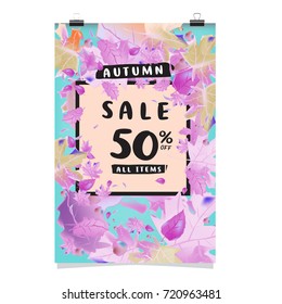 Vector autumn sale poster template with lettering. Bright fall leaves. brochure, card, label, banner design. Bright commercial background design.