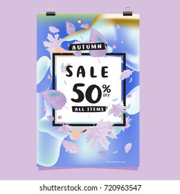 Vector autumn sale poster template with lettering. Bright fall leaves. brochure, card, label, banner design. Bright commercial background design.