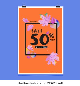 Vector autumn sale poster template with lettering. Bright fall leaves. brochure, card, label, banner design. Bright commercial background design.