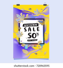 Vector autumn sale poster template with lettering. Bright fall leaves. brochure, card, label, banner design. Bright commercial background design.