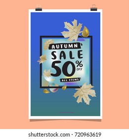 Vector autumn sale poster template with lettering. Bright fall leaves. brochure, card, label, banner design. Bright commercial background design.