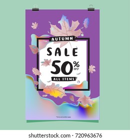 Vector autumn sale poster template with lettering. Bright fall leaves. brochure, card, label, banner design. Bright commercial background design.