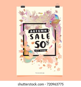 Vector autumn sale poster template with lettering. Bright fall leaves. brochure, card, label, banner design. Bright commercial background design.