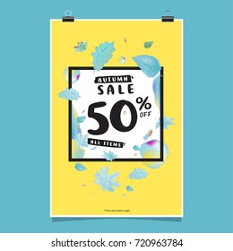 Vector autumn sale poster template with lettering. Bright fall leaves. brochure, card, label, banner design. Bright commercial background design.