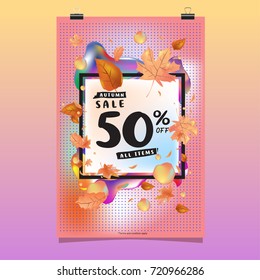 Vector autumn sale poster template with lettering. Bright fall leaves. brochure, card, label, banner design. Bright commercial background design.