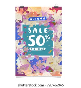 Vector autumn sale poster template with lettering. Bright fall leaves. brochure, card, label, banner design. Bright commercial background design.