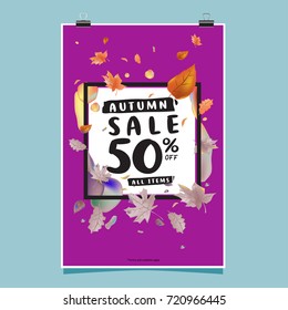 Vector autumn sale poster template with lettering. Bright fall leaves. brochure, card, label, banner design. Bright commercial background design.