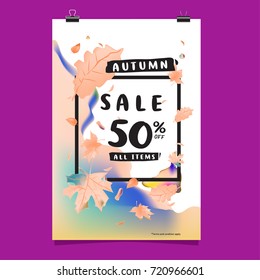Vector autumn sale poster template with lettering. Bright fall leaves. brochure, card, label, banner design. Bright commercial background design.