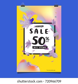 Vector autumn sale poster template with lettering. Bright fall leaves. brochure, card, label, banner design. Bright commercial background design.