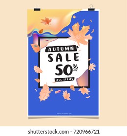 Vector autumn sale poster template with lettering. Bright fall leaves. brochure, card, label, banner design. Bright commercial background design.