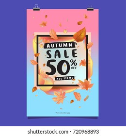 Vector autumn sale poster template with lettering. Bright fall leaves. brochure, card, label, banner design. Bright commercial background design. 