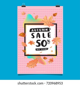 Vector autumn sale poster template with lettering. Bright fall leaves. brochure, card, label, banner design. Bright commercial background design. 