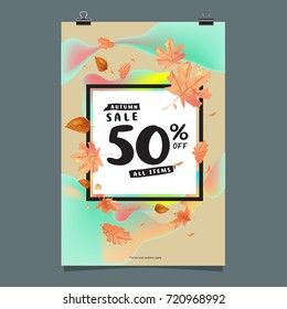 Vector autumn sale poster template with lettering. Bright fall leaves. brochure, card, label, banner design. Bright commercial background design. 