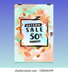 Vector autumn sale poster template with lettering. Bright fall leaves. brochure, card, label, banner design. Bright commercial background design. 