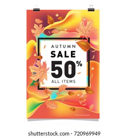 Vector autumn sale poster template with lettering. Bright fall leaves. brochure, card, label, banner design. Bright commercial background design. 