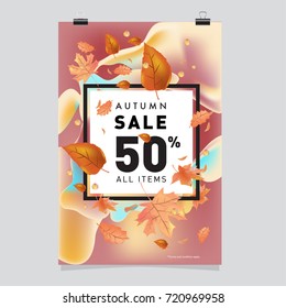 Vector autumn sale poster template with lettering. Bright fall leaves. brochure, card, label, banner design. Bright commercial background design. 