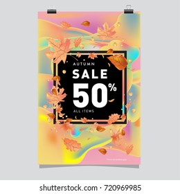 Vector autumn sale poster template with lettering. Bright fall leaves. brochure, card, label, banner design. Bright commercial background design. 