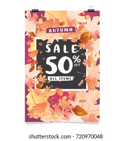 Vector autumn sale poster template with lettering. Bright fall leaves. brochure, card, label, banner design. Bright commercial background design. 